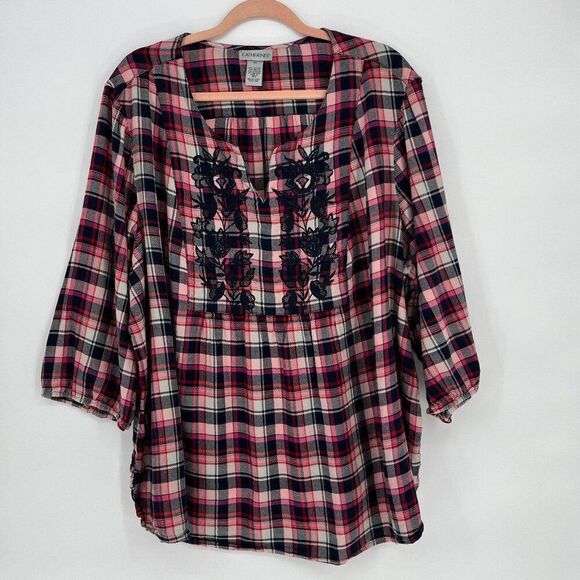 Catherines Womens Country Plaid Embroidered Top 3X Lightweight Western Cherry - Picture 1 of 5